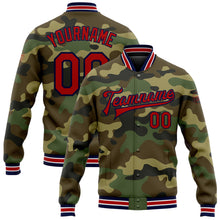 Laden Sie das Bild in den Galerie-Viewer, Custom Camo Red-Navy Bomber Full-Snap Varsity Letterman Salute To Service Jacket
