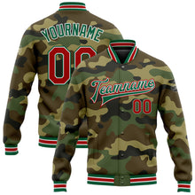 Загрузить изображение в средство просмотра галереи, Custom Camo Red-Kelly Green Bomber Full-Snap Varsity Letterman Salute To Service Jacket
