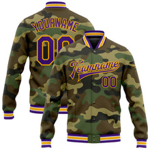 Load image into Gallery viewer, Custom Camo Purple-Gold Bomber Full-Snap Varsity Letterman Salute To Service Jacket
