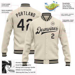 Custom Cream Black Bomber Full-Snap Varsity Letterman Jacket