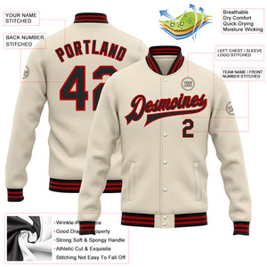 Custom Cream Black-Red Bomber Full-Snap Varsity Letterman Jacket