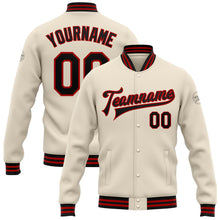 Загрузить изображение в средство просмотра галереи, Custom Cream Black-Red Bomber Full-Snap Varsity Letterman Jacket
