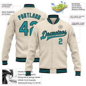 Custom Cream Teal-Black Bomber Full-Snap Varsity Letterman Jacket