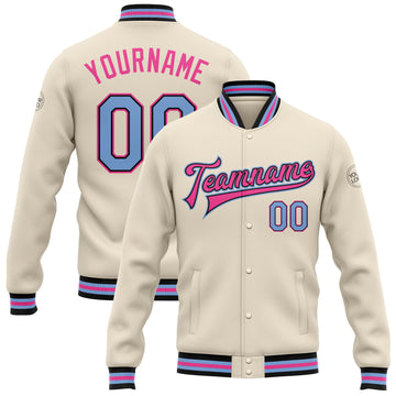 Custom Cream Light Blue Black-Pink Bomber Full-Snap Varsity Letterman Jacket