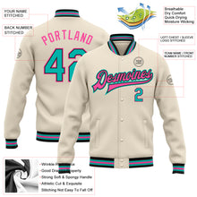 Load image into Gallery viewer, Custom Cream Aqua Black-Pink Bomber Full-Snap Varsity Letterman Jacket
