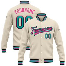 Load image into Gallery viewer, Custom Cream Aqua Black-Pink Bomber Full-Snap Varsity Letterman Jacket
