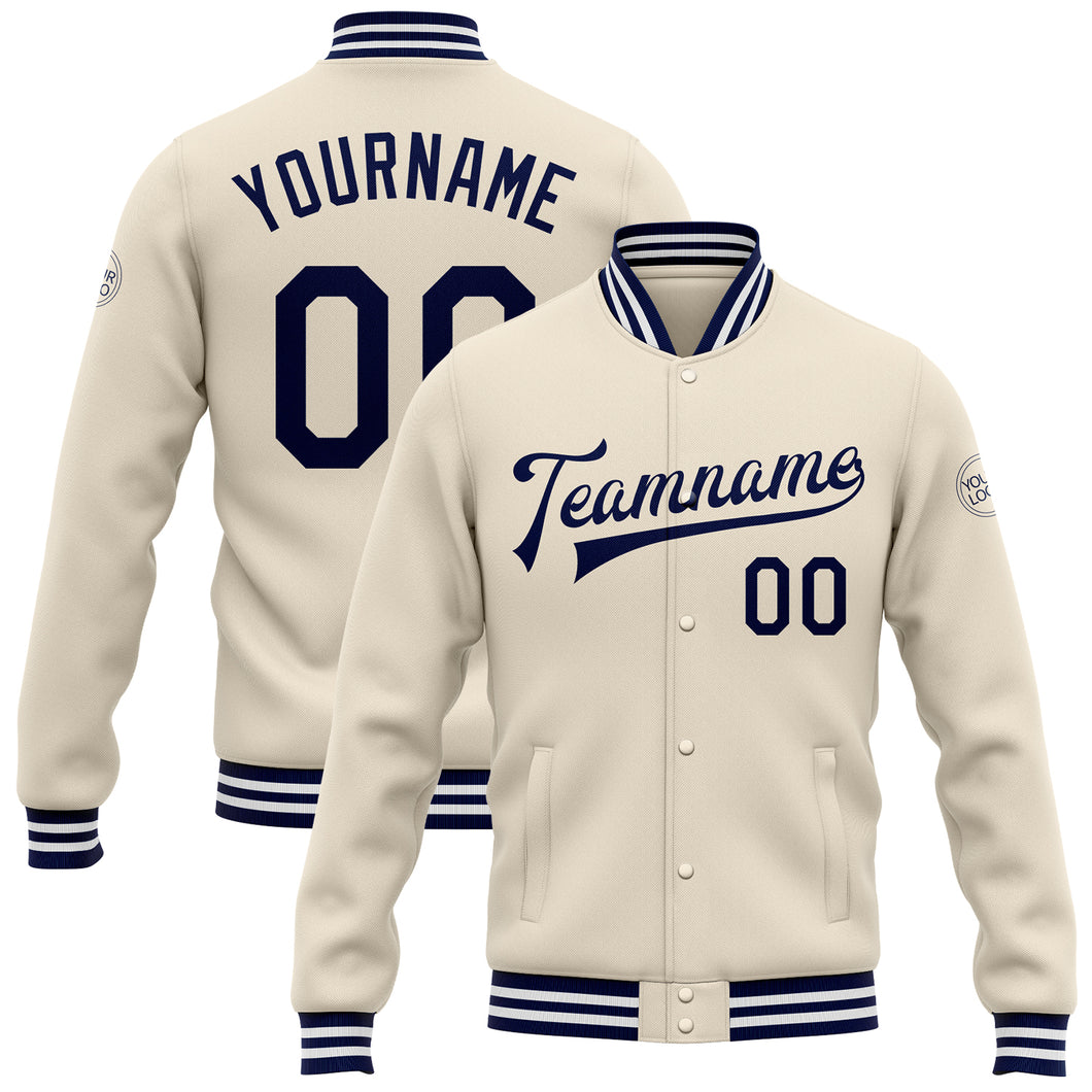 Custom Cream Navy-White Bomber Full-Snap Varsity Letterman Jacket