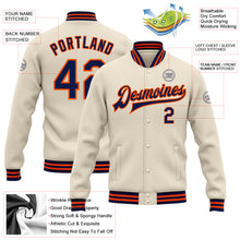 Загрузить изображение в средство просмотра галереи, Custom Cream Navy-Orange Bomber Full-Snap Varsity Letterman Jacket
