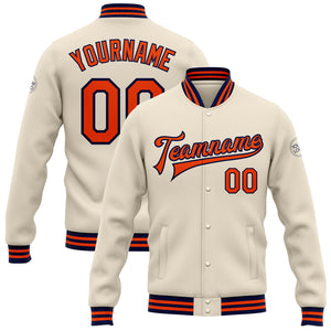 Custom Cream Orange-Navy Bomber Full-Snap Varsity Letterman Jacket