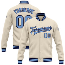 Загрузить изображение в средство просмотра галереи, Custom Cream Light Blue-Navy Bomber Full-Snap Varsity Letterman Jacket
