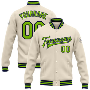 Custom Cream Neon Green-Navy Bomber Full-Snap Varsity Letterman Jacket