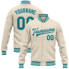 Загрузить изображение в средство просмотра галереи, Custom Cream Teal-Gray Bomber Full-Snap Varsity Letterman Jacket
