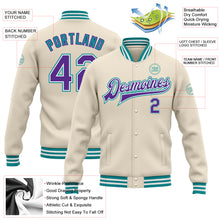 Загрузить изображение в средство просмотра галереи, Custom Cream Purple-Teal Bomber Full-Snap Varsity Letterman Jacket
