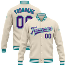 Загрузить изображение в средство просмотра галереи, Custom Cream Purple-Teal Bomber Full-Snap Varsity Letterman Jacket
