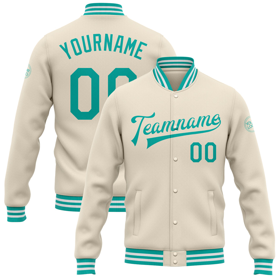 Custom Cream Aqua-White Bomber Full-Snap Varsity Letterman Jacket