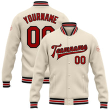 Загрузить изображение в средство просмотра галереи, Custom Cream Red-Black Bomber Full-Snap Varsity Letterman Jacket
