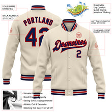 Load image into Gallery viewer, Custom Cream Navy-Red Bomber Full-Snap Varsity Letterman Jacket
