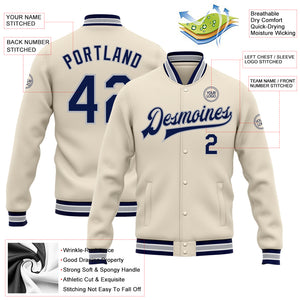 Custom Cream Navy-Gray Bomber Full-Snap Varsity Letterman Jacket