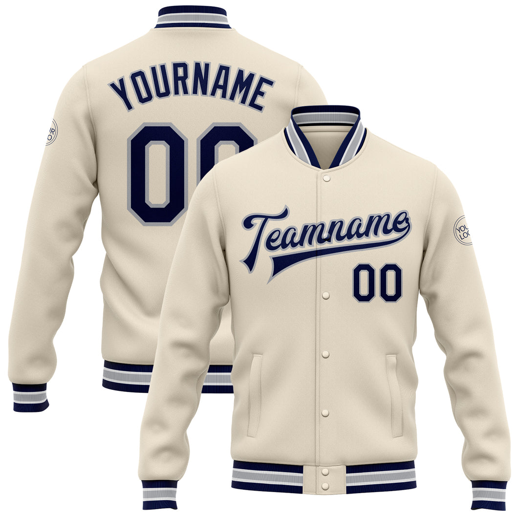 Custom Cream Navy-Gray Bomber Full-Snap Varsity Letterman Jacket