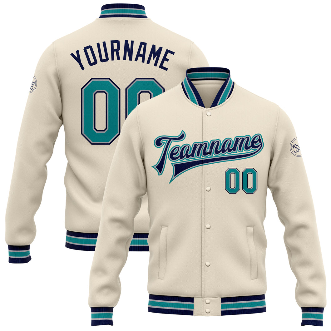 Custom Cream Teal Gray-Navy Bomber Full-Snap Varsity Letterman Jacket