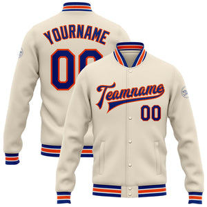 Custom Cream Royal-Orange Bomber Full-Snap Varsity Letterman Jacket