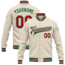 Load image into Gallery viewer, Custom Cream Red-Kelly Green Bomber Full-Snap Varsity Letterman Jacket
