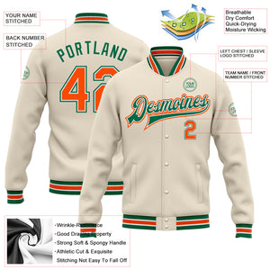 Custom Cream Orange-Kelly Green Bomber Full-Snap Varsity Letterman Jacket