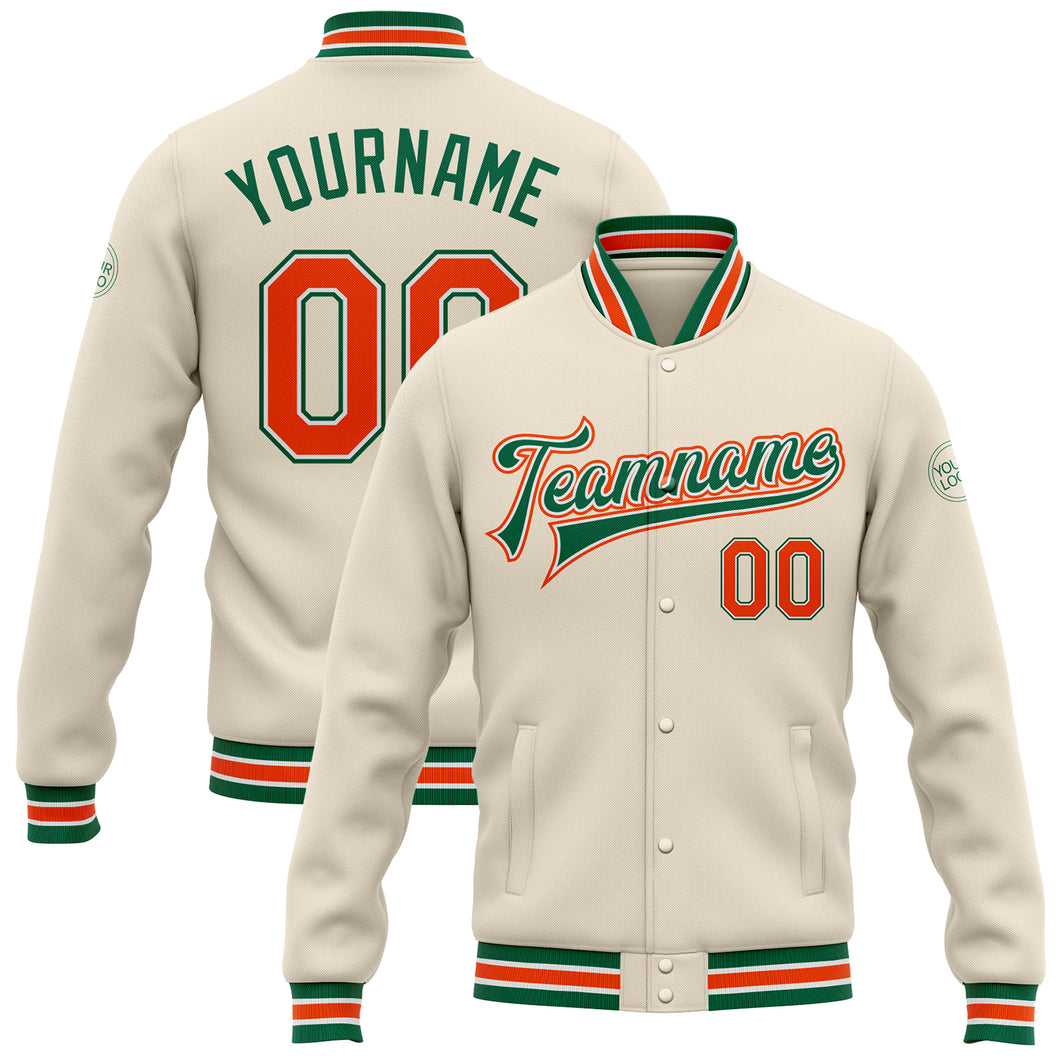 Custom Cream Orange-Kelly Green Bomber Full-Snap Varsity Letterman Jacket