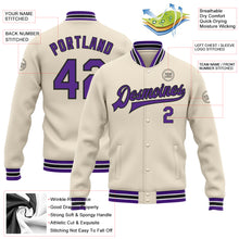 Загрузить изображение в средство просмотра галереи, Custom Cream Purple-Black Bomber Full-Snap Varsity Letterman Jacket
