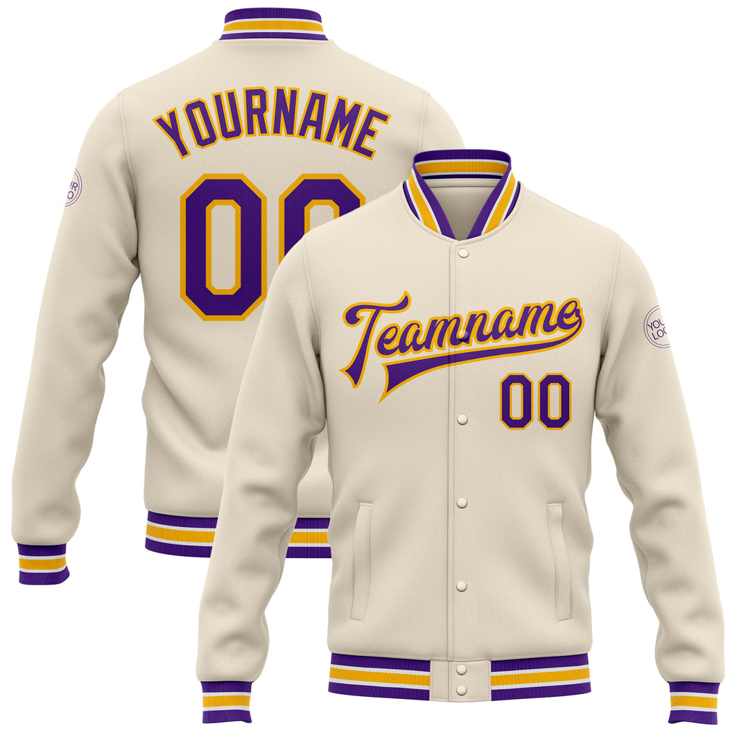 Custom Cream Purple-Gold Bomber Full-Snap Varsity Letterman Jacket