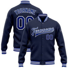 Laden Sie das Bild in den Galerie-Viewer, Custom Navy Royal-White Bomber Full-Snap Varsity Letterman Jacket
