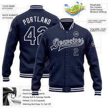 Load image into Gallery viewer, Custom Navy White Bomber Full-Snap Varsity Letterman Jacket
