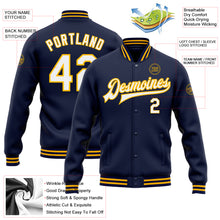 Load image into Gallery viewer, Custom Navy White-Gold Bomber Full-Snap Varsity Letterman Jacket
