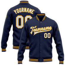 Load image into Gallery viewer, Custom Navy White-Gold Bomber Full-Snap Varsity Letterman Jacket
