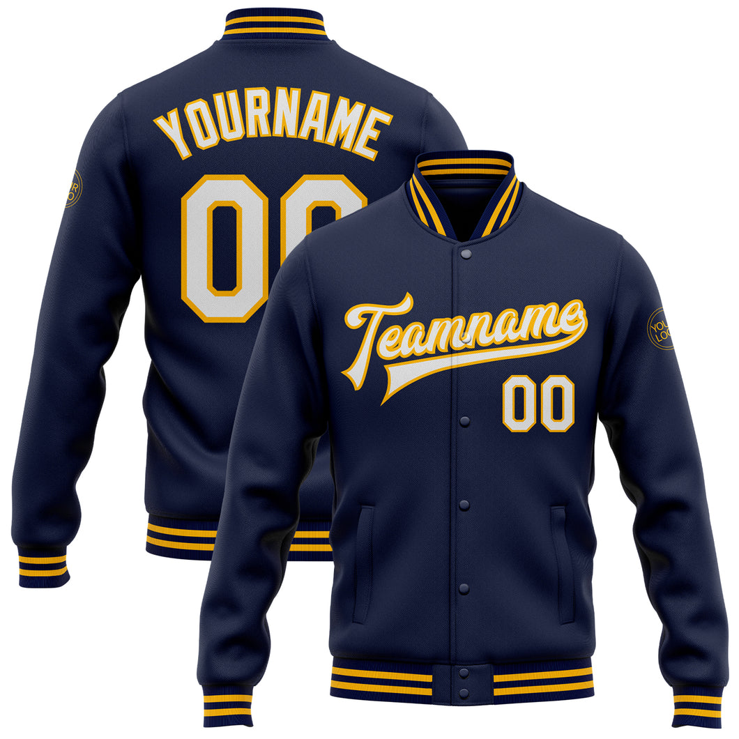 Custom Navy White-Gold Bomber Full-Snap Varsity Letterman Jacket