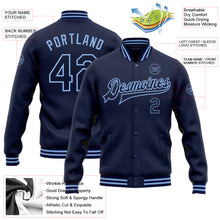 Laden Sie das Bild in den Galerie-Viewer, Custom Navy Light Blue Bomber Full-Snap Varsity Letterman Jacket
