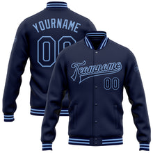 Laden Sie das Bild in den Galerie-Viewer, Custom Navy Light Blue Bomber Full-Snap Varsity Letterman Jacket
