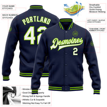 Load image into Gallery viewer, Custom Navy White-Neon Green Bomber Full-Snap Varsity Letterman Jacket
