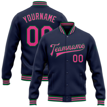 Custom Navy Pink-Kelly Green Bomber Full-Snap Varsity Letterman Jacket