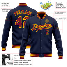 Laden Sie das Bild in den Galerie-Viewer, Custom Navy Crimson-Gold Bomber Full-Snap Varsity Letterman Jacket
