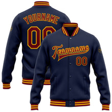 Laden Sie das Bild in den Galerie-Viewer, Custom Navy Crimson-Gold Bomber Full-Snap Varsity Letterman Jacket
