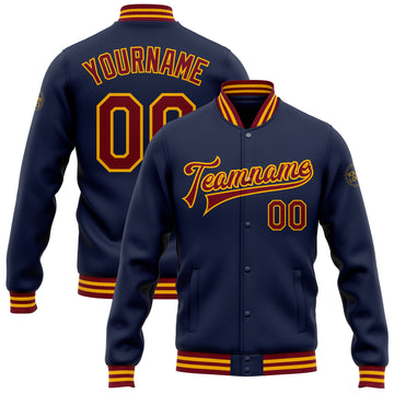 Custom Navy Crimson-Gold Bomber Full-Snap Varsity Letterman Jacket