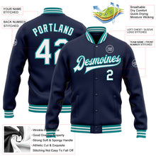 Load image into Gallery viewer, Custom Navy White-Teal Bomber Full-Snap Varsity Letterman Jacket
