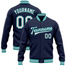 Load image into Gallery viewer, Custom Navy White-Teal Bomber Full-Snap Varsity Letterman Jacket
