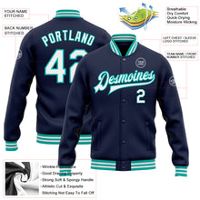 Load image into Gallery viewer, Custom Navy White-Aqua Bomber Full-Snap Varsity Letterman Jacket
