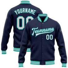 Load image into Gallery viewer, Custom Navy White-Aqua Bomber Full-Snap Varsity Letterman Jacket
