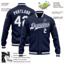 Load image into Gallery viewer, Custom Navy White-Gray Bomber Full-Snap Varsity Letterman Jacket
