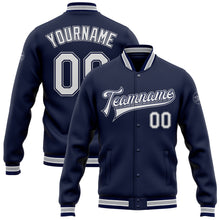 Load image into Gallery viewer, Custom Navy White-Gray Bomber Full-Snap Varsity Letterman Jacket
