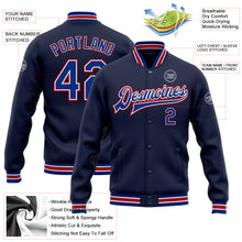 Laden Sie das Bild in den Galerie-Viewer, Custom Navy Royal-Red Bomber Full-Snap Varsity Letterman Jacket
