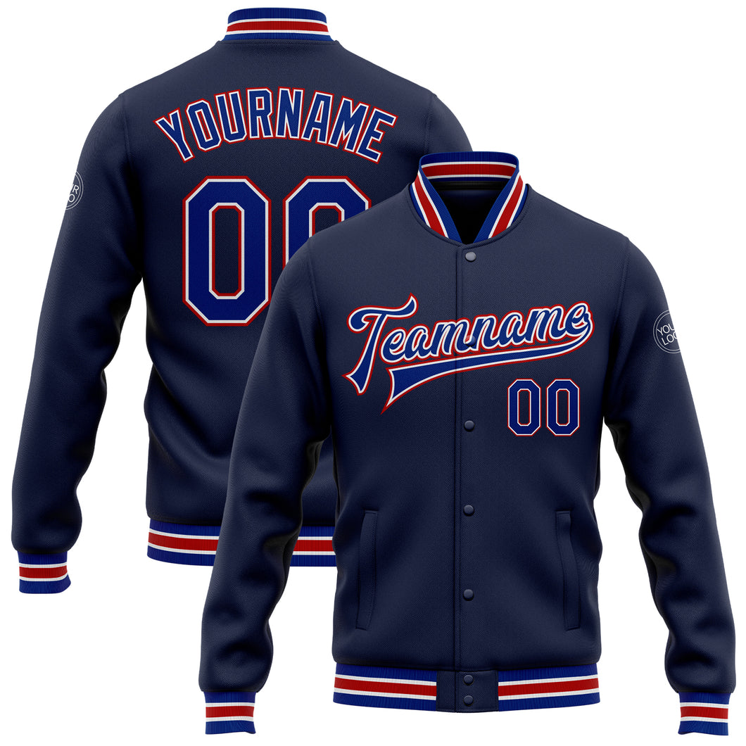 Custom Navy Royal-Red Bomber Full-Snap Varsity Letterman Jacket